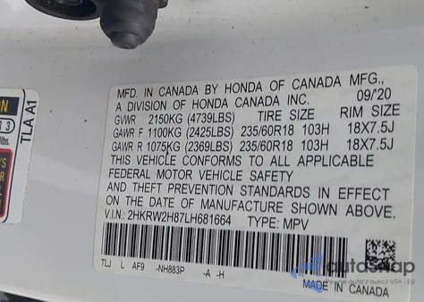 2020 Honda Cr-V Awd Ex-L from USA, damaged, VIN 2HKRW2H87LH681664